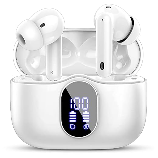 Cuffie Bluetooth, Auricolari Bluetooth 5.3 con 4 Mic, Cuffie Wireless In Ear HiFi Stereo, Cuffiette Bluetooth 36Ore LED Display, Cuffie Senza Fili IP7 Impermeabili, USB-C,Touch Control, Bianco