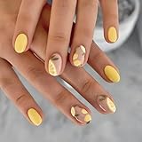 Lot de 24 faux ongles courts ovales jaunes à presser - Couvrance complète - Rose nude - Avec accent zing citron d'été - 12 tailles - Ensemble réutilisable pour femmes et filles