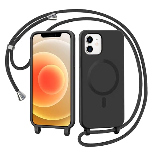 AOMYKE Handyband für iPhone 12 / iPhone 12 Pro Hülle mit Band Magnetisch Handyhülle kompatibel mit Magsafe zum Umhängen Schutzhülle mit Kette Kordel Weich TPU Liquid Silikon CaseSchwarz
