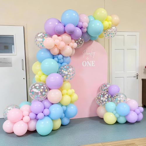 Image of Pastel Balloons, 12 Inch Rainbow Macaron Pink Blue Teal Yellow Purple Apricot Assorted Balloon whit Colorful Confetti Clear Balloon for Easter Birthday Bridal Baby Shower Wedding Tea Ice Cream Party