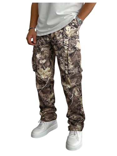 RoseSeek Men's Camo Drawstring Waist Cargo Pants Allover Print Long Trousers Streetwear with Pockets Yellow Medium