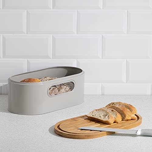 Navaris Bread Bin with Bamboo Lid - Taupe Colour Metal Storage Container with Window and Wooden Chopping Board Lid - Vintage Style Kitchen Box Tin