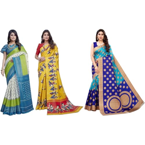 Image of Yashika Women's Sarees Women's Combo Art Silk Printed Saree With Unstitched Blouse Piece |saree for Women | saree combo | New Sari | Saree Pack Of 3