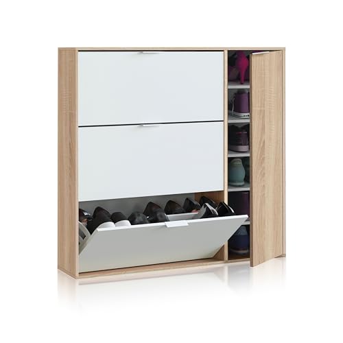 duehome | Mueble Zapatero 4 Puertas, Modelo Eris, Acabado en Roble Canadian y Blanco Artik, Medidas: 106 cm (Ancho) x 115 cm (Alto) x 22 cm (Fondo)