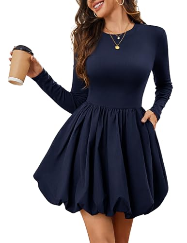 Meetjen Vestido de manga larga para mujer, estilo informal, corto, cuello redondo, lindo vestido de fiesta de cóctel con bolsillos, Azul marino, M