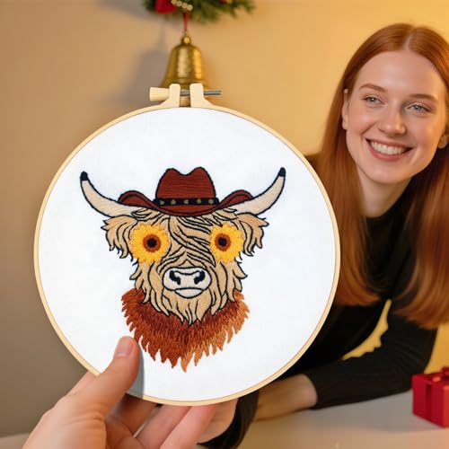 Image of Highland Cow Embroidery Kits for Beginners Adults, Animal Hand Embroidery Starters Kits, Stamped Cross Stitch Kits DIY Needlepoint Kits for Beginners Adults, Embroidery Hoop, Thread and Video Tutorial
