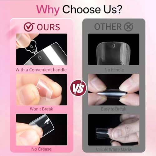 Buqikma Short Square Nail Tips - Pre-Etched Soft Gel Half Cover False Nails with Handle, 12 Sizes French Tip Clear Acrylic Nail Tips for DIY Manicure Salon, 240PCS — view 2
