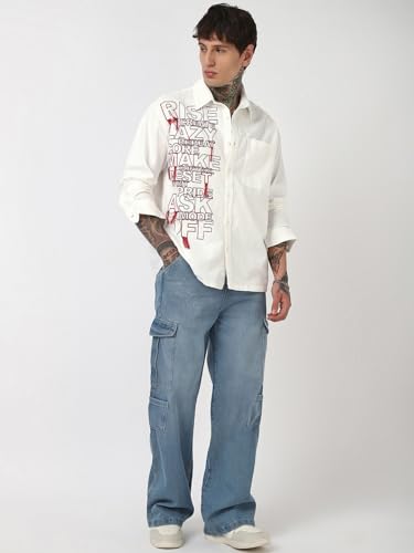 Chemise oversize homme imprimé lettres blanc XXL Bewakoof - 5