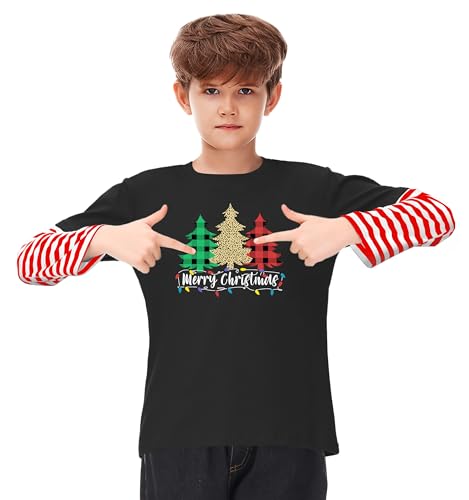 Image of Remimi Unisex Kids Christmas Long Sleeve Shirt Xmas Print Stripe Shirts 2-12 Years