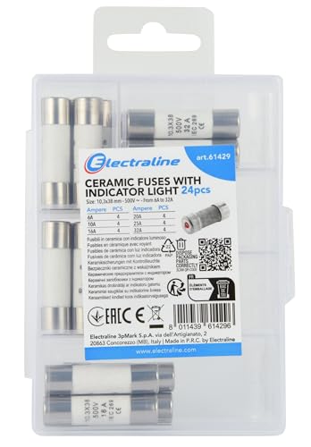 Electraline 61429 24 Stück Keramik-Sicherungen Set 6A bis 32A (jeweils 4 Stück für 6A, 10A, 16A, 20A, 25A, 32A) geeignet für elektrische Installationen im Haushalt und Industrie