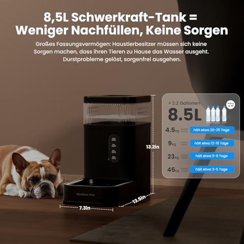 Gardner Pet 8.5L Automatischer Wasserspender, Schwerkraft-Tränke mit Edelstahlschüssel, Futterautomat für Hunde und Katze, große Kapazität Futterspender, BPA-frei, Keine Elektrizität, geräuschlos
