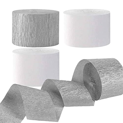 AIM & GGKK Wedding Crepe Paper Streamers(White and Silver) 1.8 Inch Widening 6 Rolls Party Streamer Festival Party Decorations,a roll of 25m/82ft Per Volume for Christmas Party Decoration