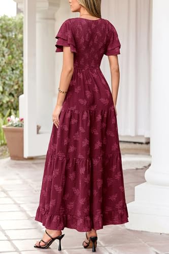 dowerme Maxi Dresses for Women 2026 Summer Ruffle Sleeve V Neck Smocked A Line Floral Boho Tiered Sundress Spring Outfit(Burgundy,XX-Large) — view 5