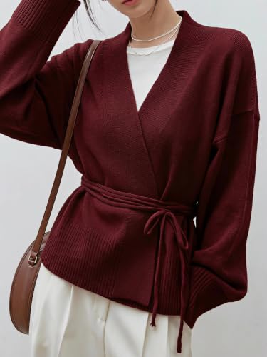 Image of WDIRARA Women's Wrap Long Sleeve Tie Front Cardigan | V Neck, Belted Sweater, Casual, Long Sleeve, Tie Waist, Knit Top