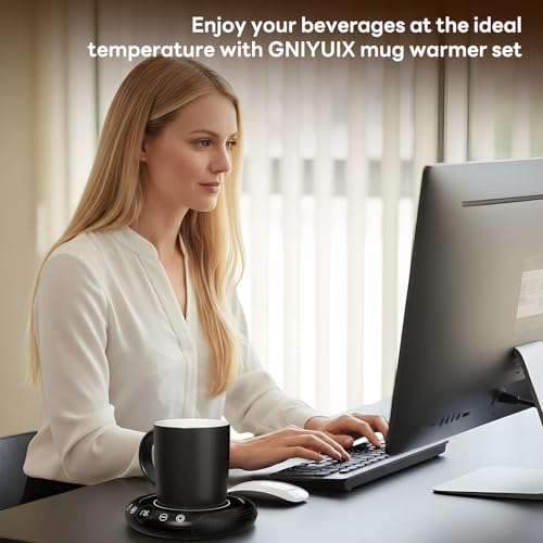 GNIYUIX Mug Warmer with Mug Set, Timer & Auto Shut-Off