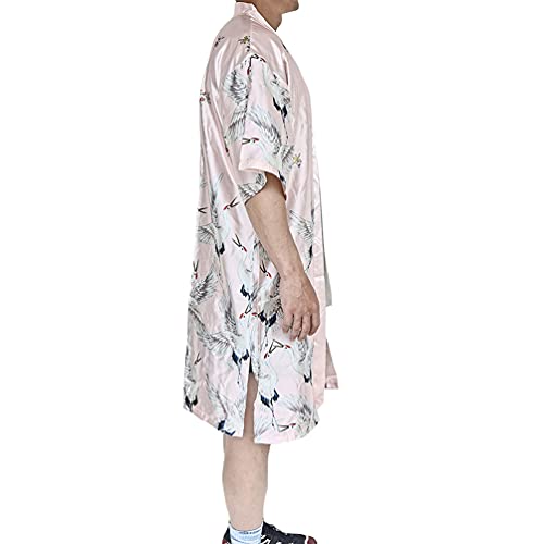 HAORUN Men Japanese Kimono Coat Loose Yukata Outwear Long Bathrobe Tops Vintage (Pink-Satin, X-Large, x_l)2