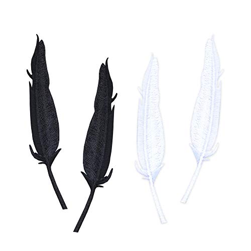 ZOOPOLR 4 Pcs Black& White Feather Delicate Embroidered Patches, Cute Embroidery Patches, Iron On Patches, Sew On Applique Patch,Cool Patches for Men, Women, Kids