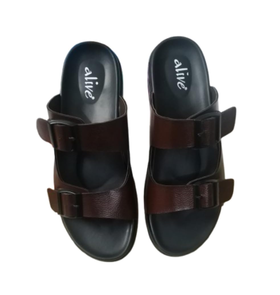 Men's Soft Leather Sandal | Slip On Chappal for Men | Stylish & Soft Cushion Fashion Sandal | Casual Open Toe Thong Slipper | Non Slip Flip Flops Walking Sandals (Black with Brown_10UK)-image-39