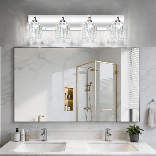 Image of Brushed Chrome Crystal Bathroom Vanity Light, 4-Light Modern Bathroom Lighting Fixtures Over Mirror,Chrome Wall Sconce Light Fixtures with Round Shade