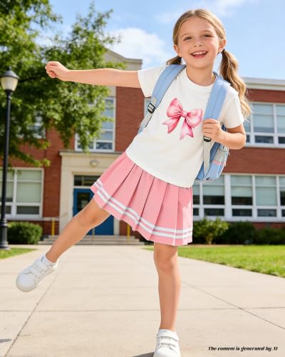 Image of Betusline Girls Skirt Set JK School Uniform 2-Piece Outfit - Short Sleeve & Webbing Solid Skirt,4-14Y
