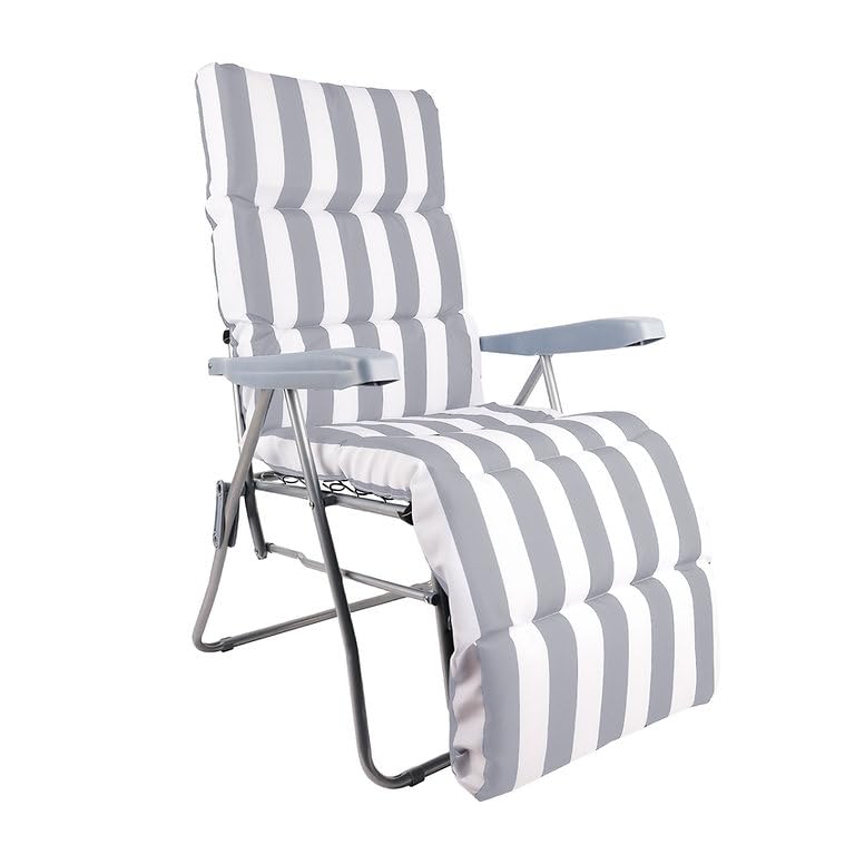 groundlevel.co.uk Garden Gravity Chair with Stripe Cushion – Adjustable Recliner Lounge Chair Outdoor Patio Folding Chair for Lawn, Deck, Camping, and Poolside - 3 Colours (Grey)