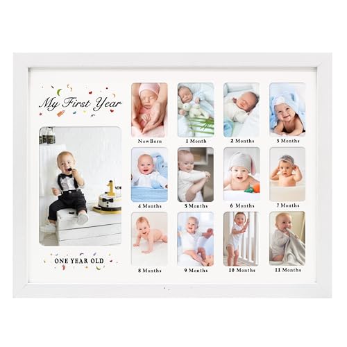 Image of GMFrames Baby First Years Photo Frames 12 Month Picture Frame 12 * 16 for Holds (1) 5x7 & (12) 2x3 Wallet Size Photos White
