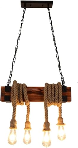 FZQSXAZU Wooden Hemp Rope Chandelier，4 Lights Industrial Pendant Lamp Dining Room Hanging Lamp, E27 Antique Compatible with Bar Cafe Kitchen,for Living
