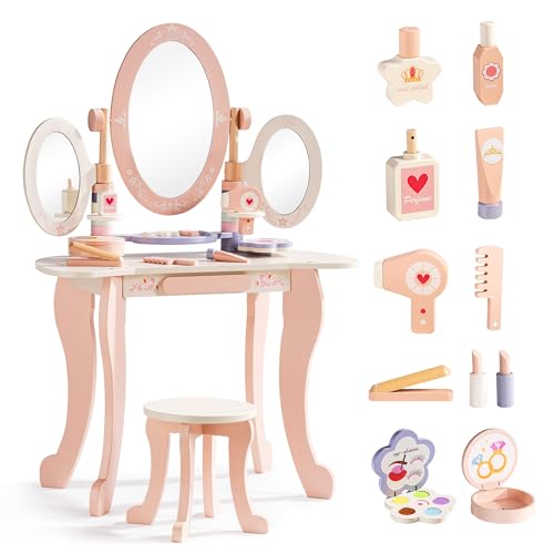 Image of ROBOTIME Kids Vanity Set with Mirror and Stool - Wooden Pink Makeup Table with 11 PCS Accessories - Play Beauty Dresser with Mirrors, Drawer- Kids Vanity Table and Chair Set for Girls Ages 3+