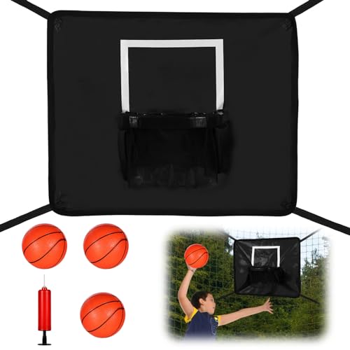 Trampolin Basketballkorb, Trampolin Zubehör mit 3 Minibälle und 1 Pumpe für Kinder und Erwachsene zum Spielen im Innen und Außenbereich (Schwarz)