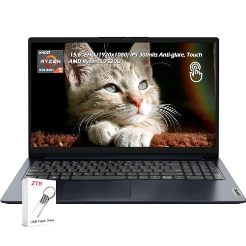 Image of Lenovo Ideapad 1 Laptop, 15.6 inch FHD (1920x1080) Touch IPS 300nits Anti-Glare Display, AMD Ryzen 5 7520U, AMD Radeon 610M, 8GB RAM 1TB SSD, Wi-Fi6, Win11, Abyss Blue, with 2TB Flash Drive, W /GaLiMu
