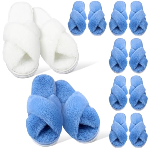 Image of Cutecrop 7 Pairs Sage Green Blue Purple Bridesmaid Slippers Women's Cross Band Fuzzy Bridal Party Slippers Bachelorette Gifts for Wedding Bridal Shower Party