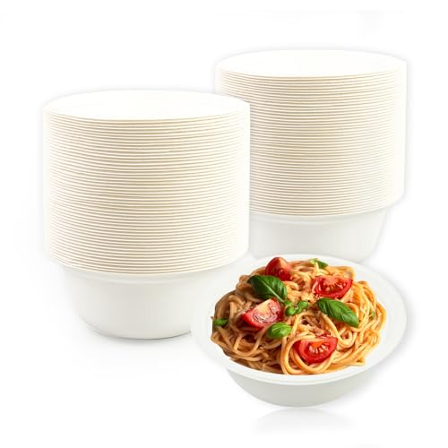 LDFDRT 100 Pcs Bols en Papier Jetables Bagasse Canne a Sucre Compostable Bols a Soupe Des Vaisselle jetable Pour Les Fêtes (blanc, 350ML)