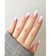 Gradient White Press On Nails, BettyCora Medium Alomond Nails with Nail Glue, 24 Pcs Pure Color S...