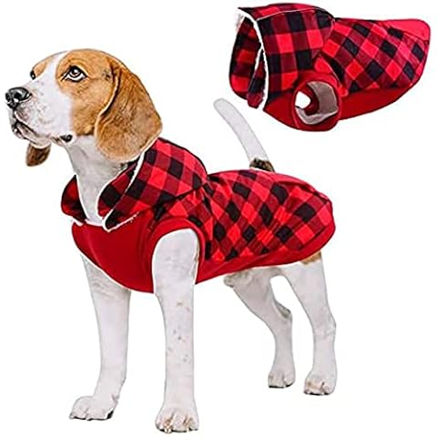 Hjumarayan Dog Coat with Harness Hole Reflective Striped Dog Clothes Winter Warm Tartan Dog Coat Jacket Christmas Dog Outfits for Small Dogs Puppy Medium Dog Fleece Coat (Red, XS) Cover