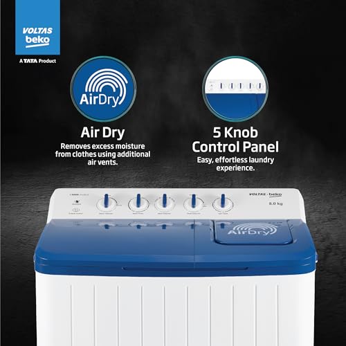 Image of Voltas Beko, A Tata Product 8 Kg 5 Star Semi-automatic Top Load Washing Machine with Double Waterfall Technology (WTT80UHA /OK5I0I0W01, Blue, 5 Knob Control Method)