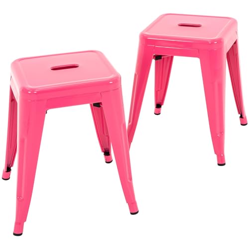 Image of Brage Living 18 Inch Industrial Metal Stools Set of 2, Stackable Classroom Stools, Backless Metal Dining Chairs for Indoor Outdoor, Kitchen Short Stools (Hot Pink)