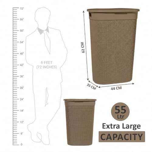 Image of KITCHIVO Plastic Large 55 Ltr Laundry Basket with Lid & Handle | Multipurpose Hamper Bins Storing Washable Clothes, Blankets | Household Ideal for Home & Bathroom (Woods Light Brown)