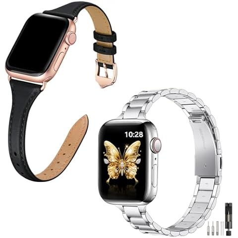 Slim Apple Watch Leather Band and Stainless Steel Metal Band for iWatch 38mm, 40mm, and 41mm，Black Rose Glod+Metal Silver Cover