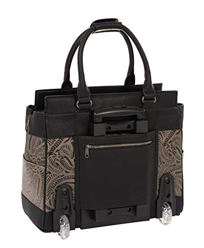 THE DALLAS Black & Grey Tooled Rolling iPad Tablet or Laptop Tote Carryall Bag (15.6, 17"/17.3" inch)