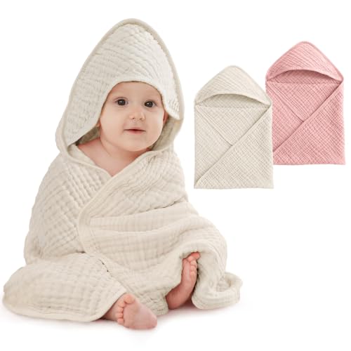 Image of Unnivoll Hooded Baby Towels for Newborn - 2 Pack, 100% Muslin Cotton, Baby Bath Towels with Hood, Soft and Absorbent for Girls Infant, Toddler and Kids, Large 32x32 Inches, Newborn Essential