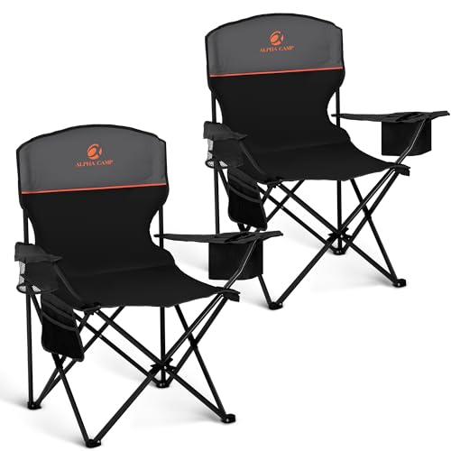 ALPHA CAMP Camping Chair 2 Pack Portable Chair with 3-Can Cooler Folding Chair with Side Pocket and Cup Holder, Collapsible for Camping, Tailgates, Beach, Fishing and Sports,2PC