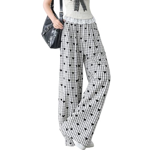 Women High Waist Plaid Wide Leg Pants Y2K Elastic Drawstring Cute Casual Baggy Parachute Streetwear with Pockets3