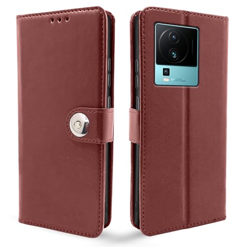 Image of Pikkme iQOO Neo 7 Pro 5G Flip Cover Leather Finish | Inside TPU with Card Pockets | Wallet Stand and Shock Proof | Complete Protection Button Flip Case (Brown)