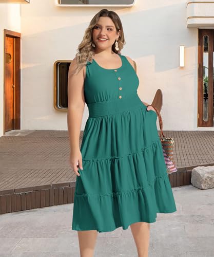 Image of RITERA Plus Size Summer Casual Dresses for Women Sleeveless Button Down Empire Waist Ruffle Tiered Swing Midi Dress XL-5XL