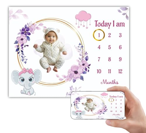 Image of Baby Monthly Milestone Blanket | 1-12 Months | Elephant Lavender Floral Edition | Ideal for Newborn Boys & Girls | Perfect Growth Tracker & Photoshoot Prop with Floral Wreath | 120x90 cm