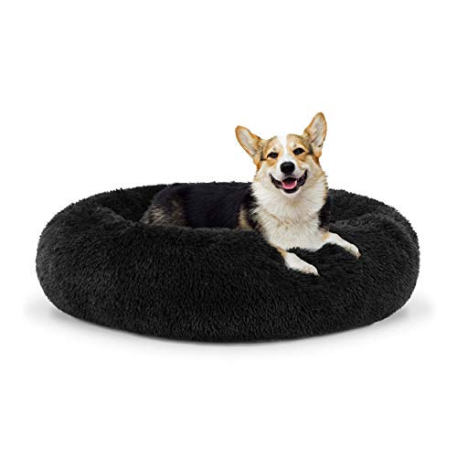 Cama para perro Sound Sleep de The Dog’s Bed, forma redonda, funda extraíble de felpa marrón grande, cama nido, relajante y de gran calidad