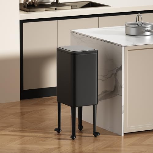 Image of 12L /3gal Black Trash Can with Legs,Small Garbage Can with Push Button Lid,Dog Proof Trash Bin Container,Narrow Waste Basket for Kitchen,Bedroom, Living Room,Office (Black)
