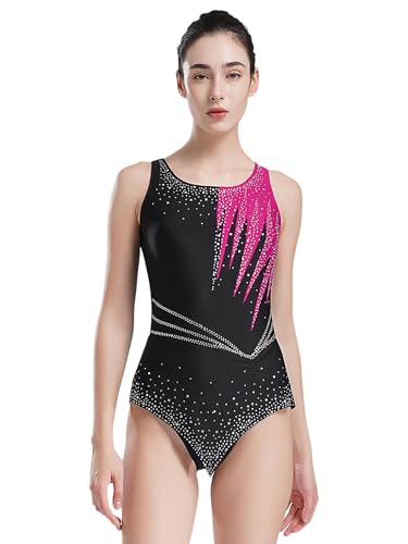YEAHDOR Donna Camisole con Cinghia Ampia Body da Danza Classica Senza Manica Strass Scintillante Leotards da Ballo Balletto Jazz Abito da Pattinaggio Artistico Rosa XL