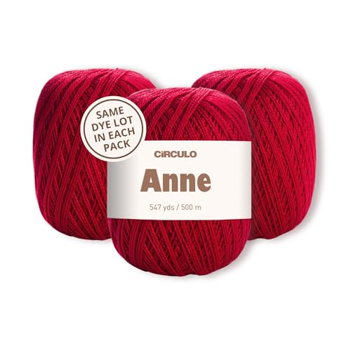 Image of CIRCULO Anne Yarn Pack, 1641 yds for Knitting & Crochet, 3 Balls of 100% Mercerized Brazilian Virgin Cotton, Soft Fingering Weight, Color 3528 Carmine