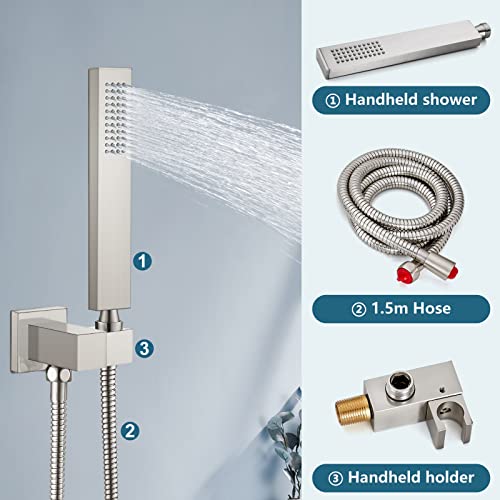 Midanya Rain Shower System 10 Inch Brushed Nickel Tub Shower Faucet Set Square Rainfall Shower Head With Handheld Sprayer And Waterfall Tub Spout Rough-In Valve 3-Function Mixer Combo #TOP2